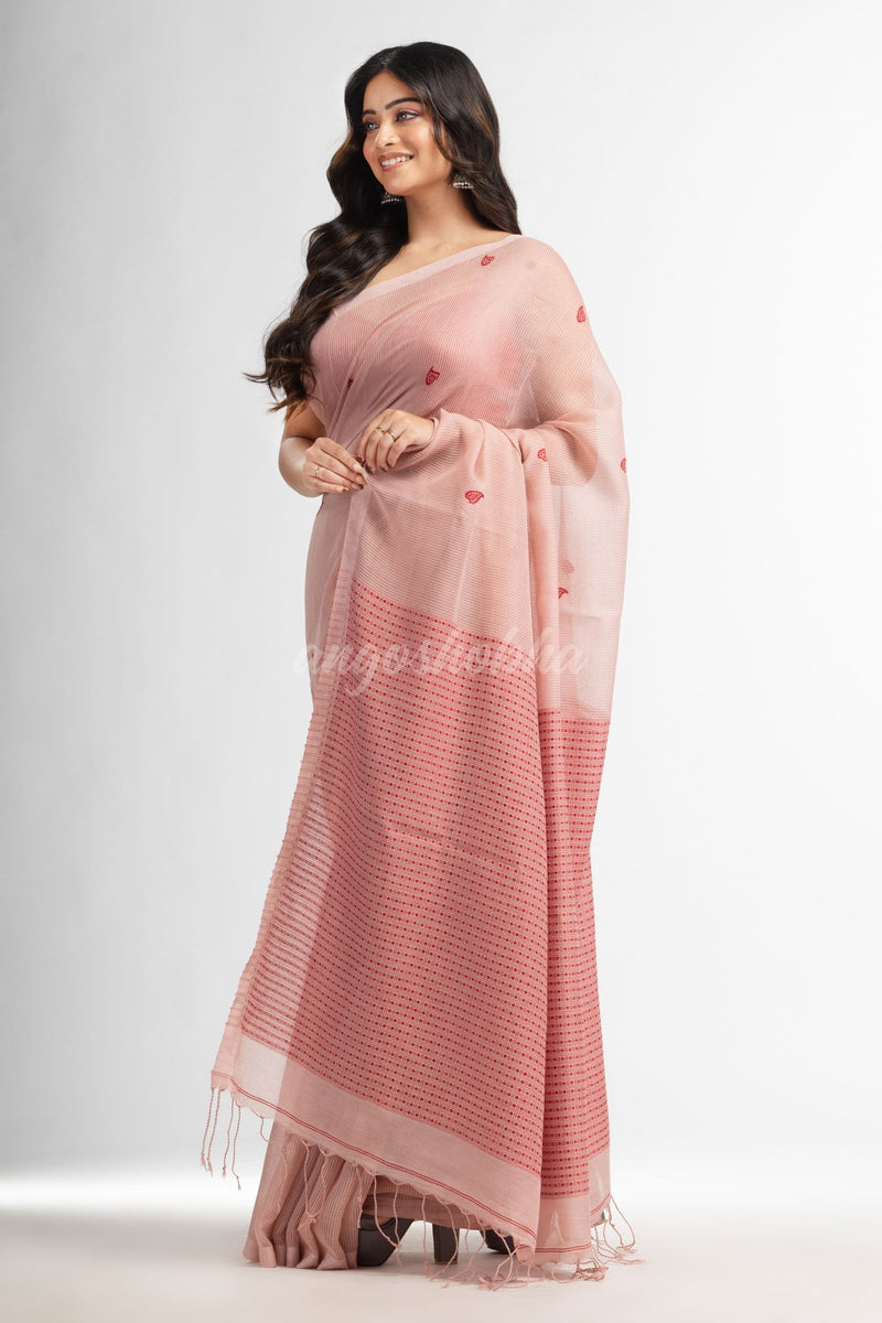Crystal pink resham cotton kota check all over Buti jacquqrd Pallu handwoven saree