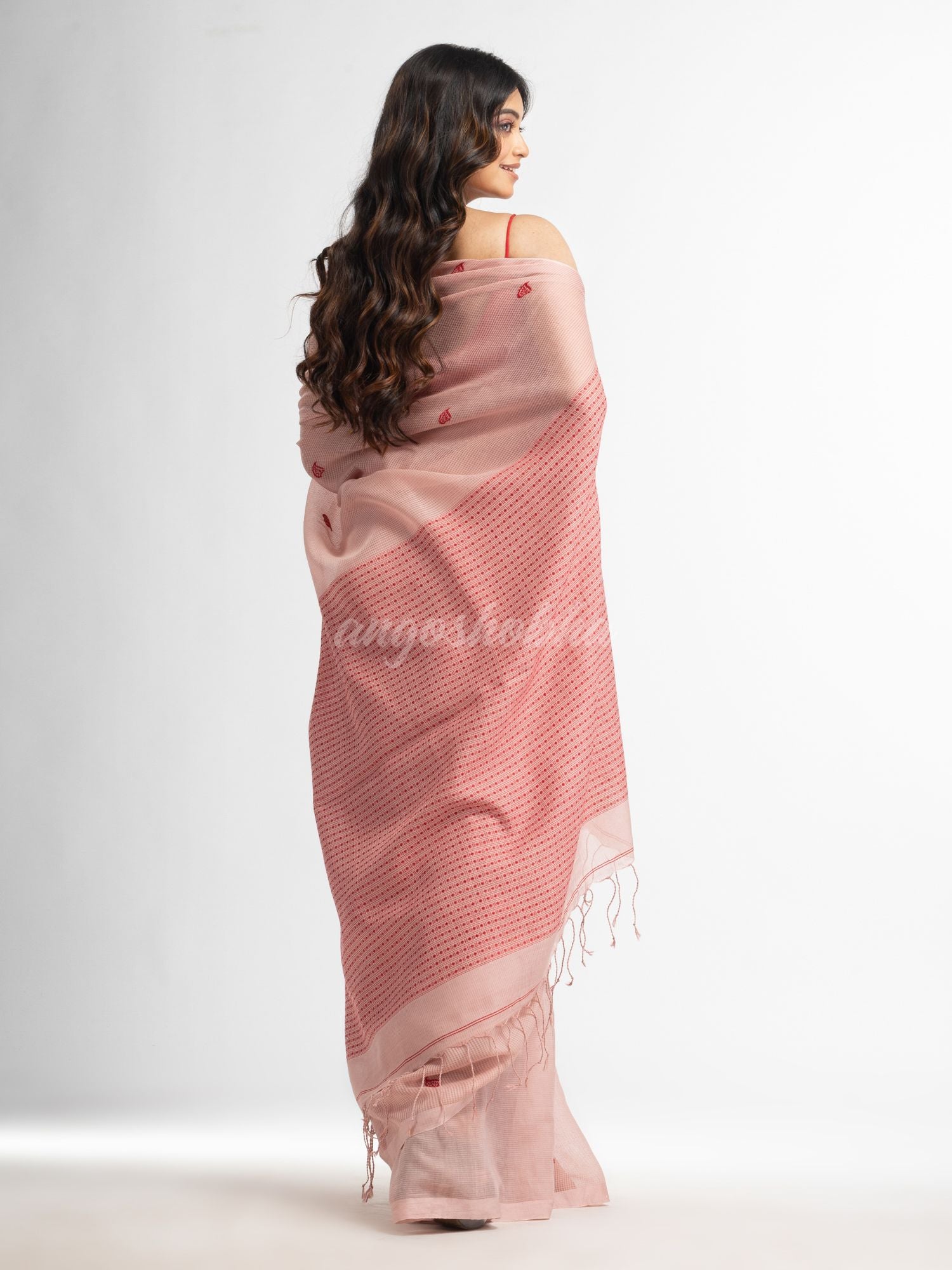 Crystal pink resham cotton kota check all over Buti jacquqrd Pallu handwoven saree