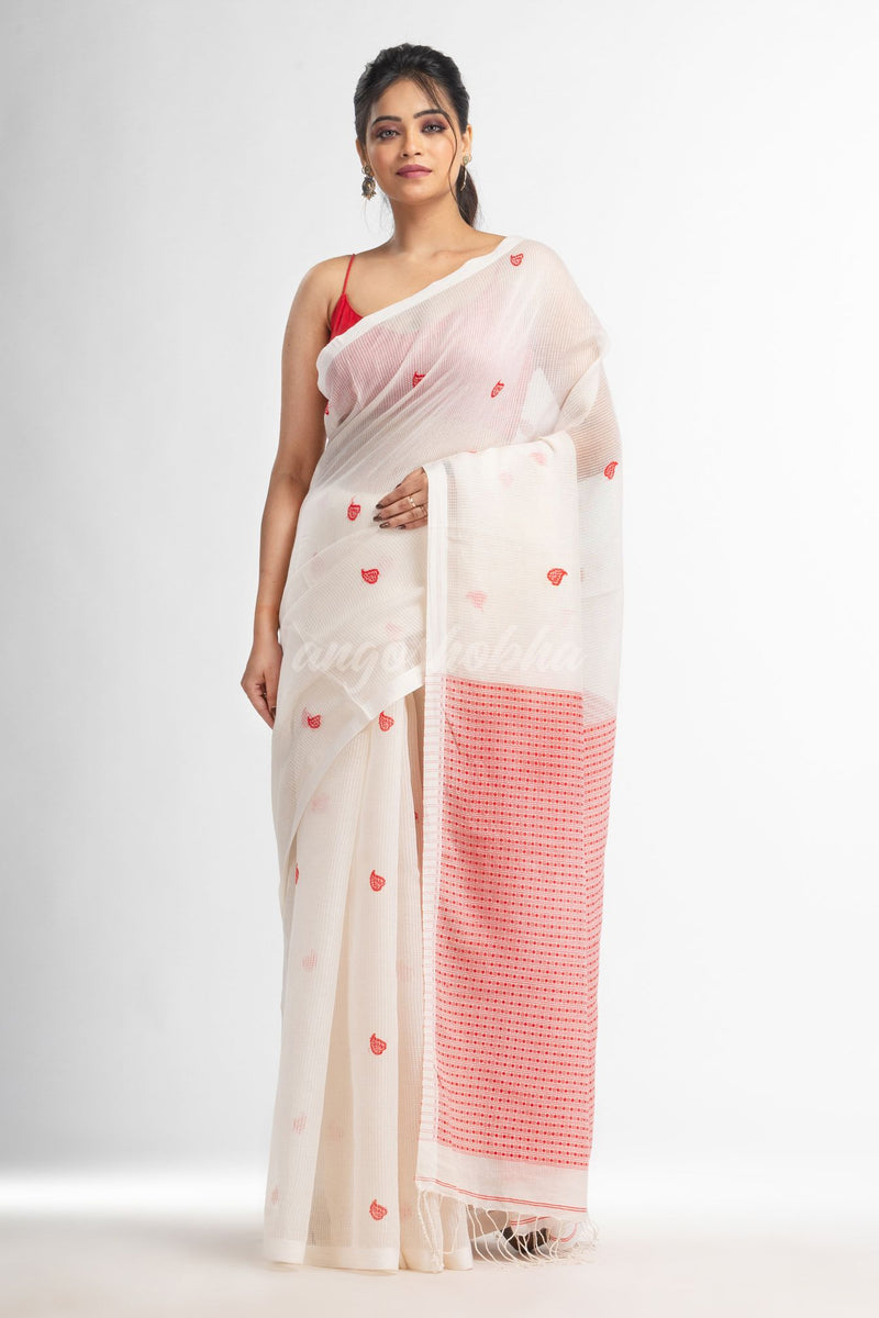 White resham cotton kota check all over Buti jacquqrd Pallu handwoven saree