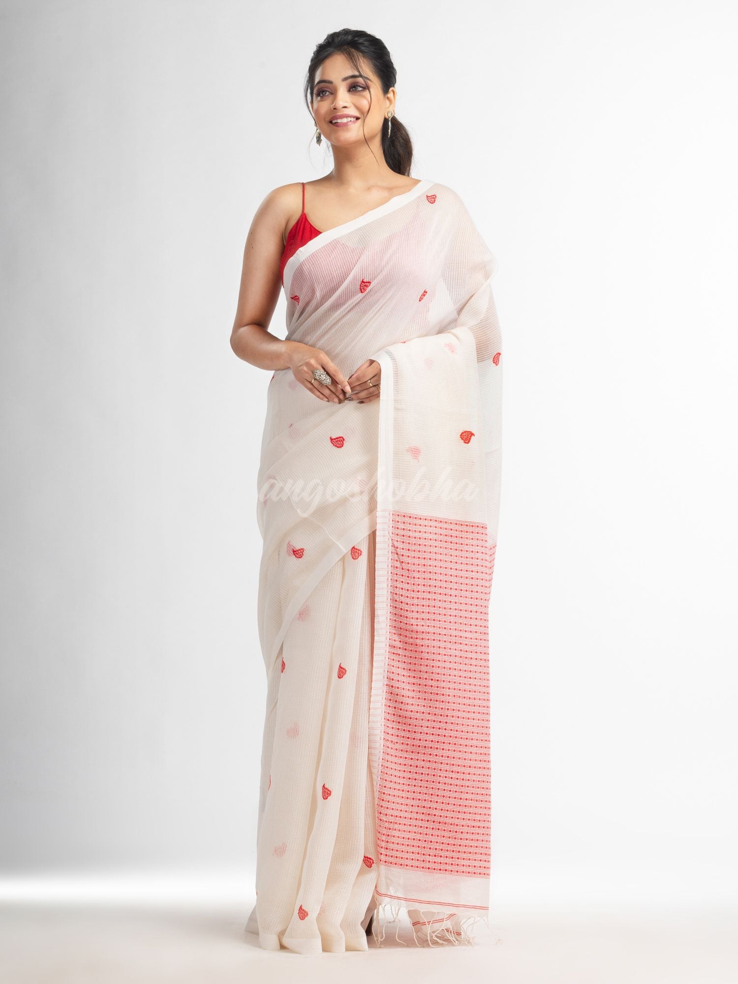 White resham cotton kota check all over Buti jacquqrd Pallu handwoven saree