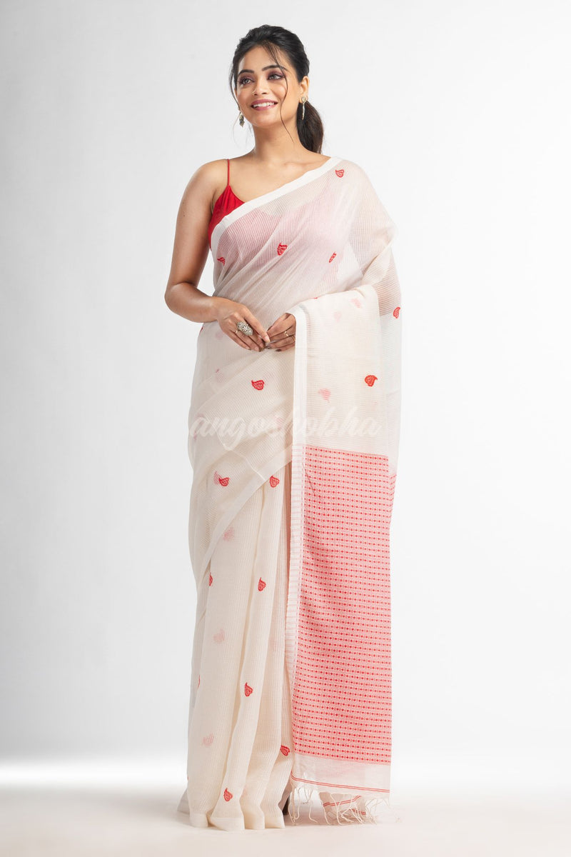 White resham cotton kota check all over Buti jacquqrd Pallu handwoven saree