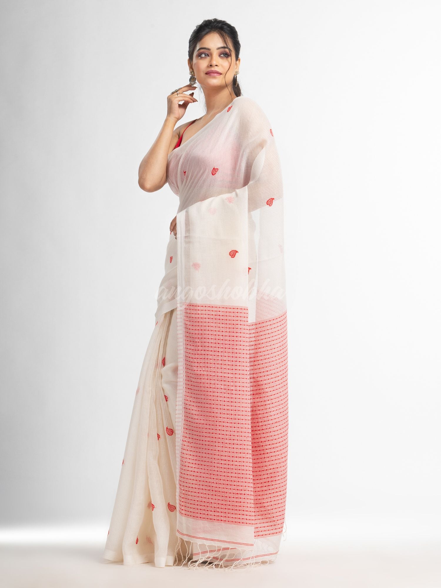 White resham cotton kota check all over Buti jacquqrd Pallu handwoven saree