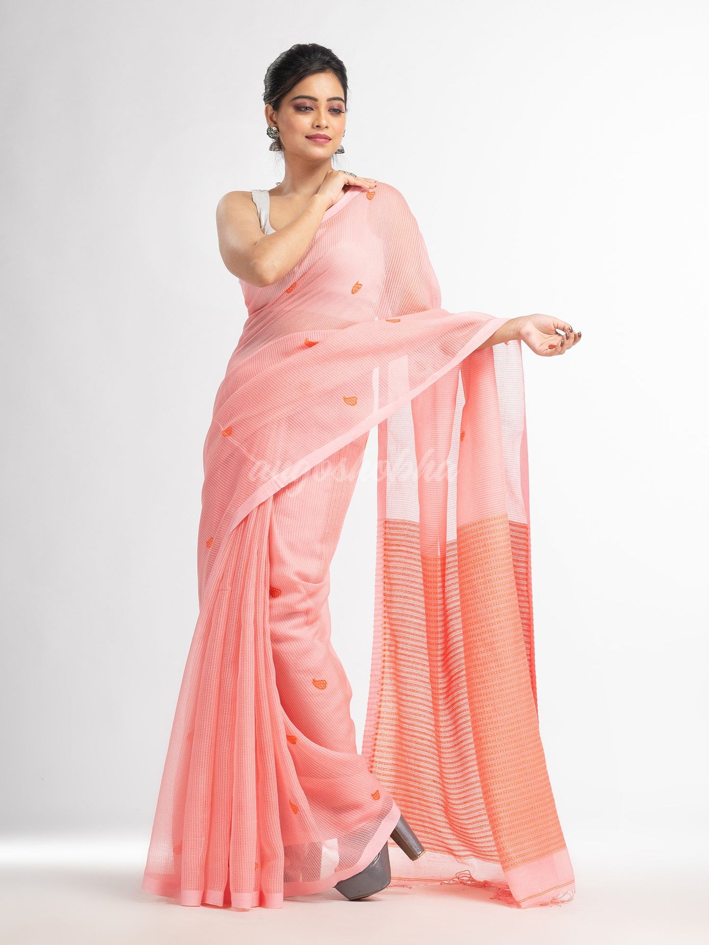 Peachmod resham cotton kota check all over Buti jacquqrd Pallu handwoven saree