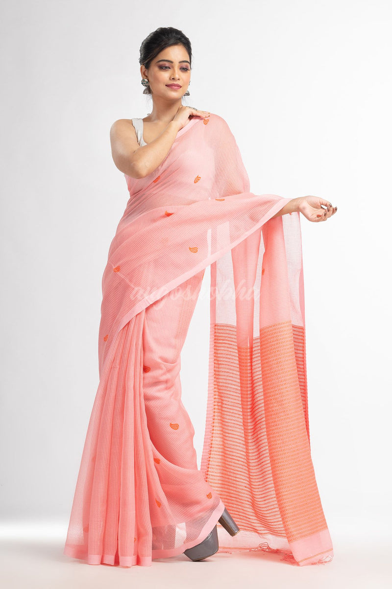 Peachmod resham cotton kota check all over Buti jacquqrd Pallu handwoven saree