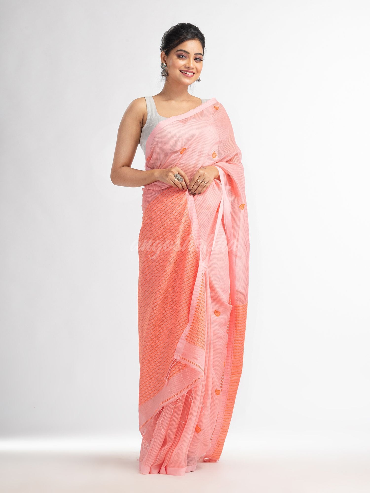 Peachmod resham cotton kota check all over Buti jacquqrd Pallu handwoven saree