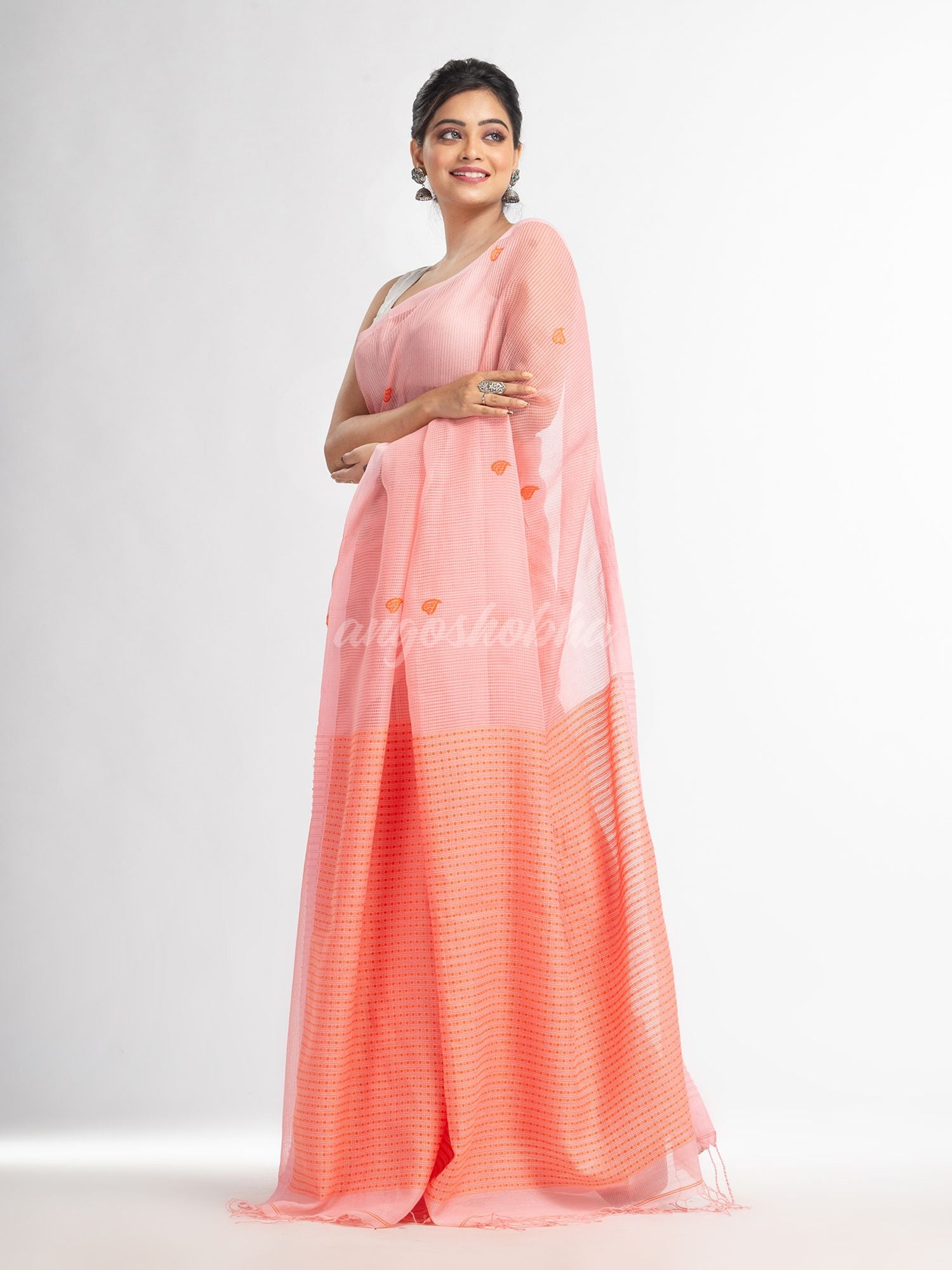 Peachmod resham cotton kota check all over Buti jacquqrd Pallu handwoven saree