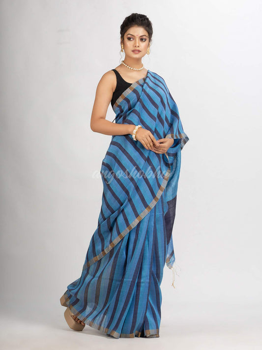 Sky blue And Black Silk Linen  Ckeak Handloom saree