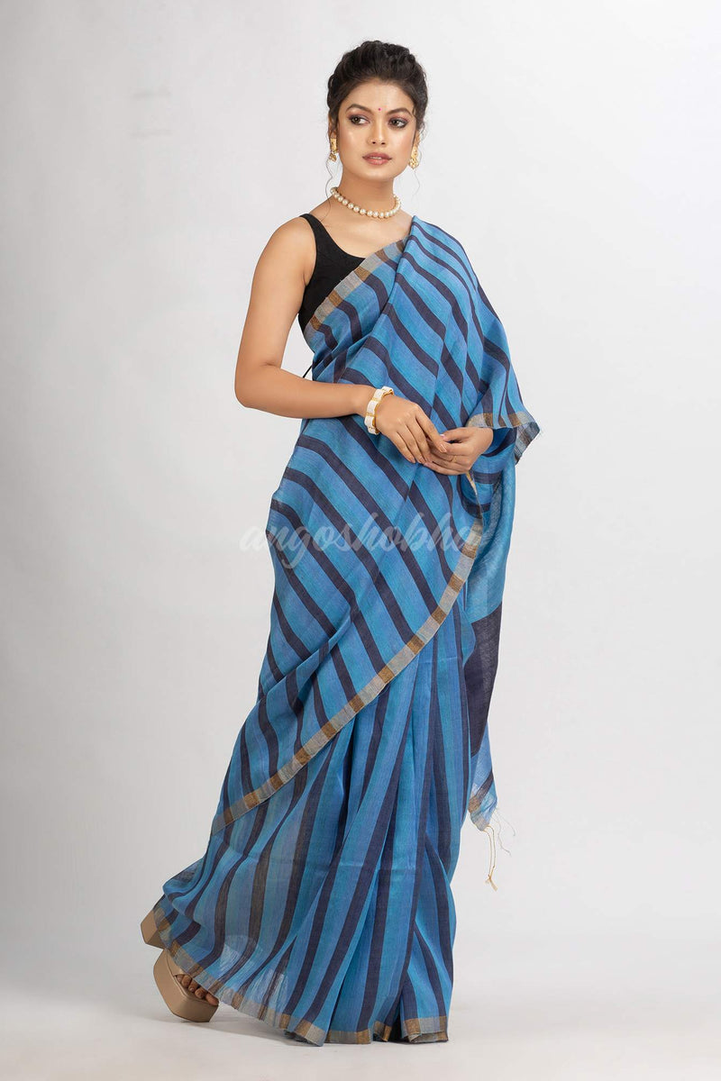 Sky blue And Black Silk Linen  Ckeak Handloom saree