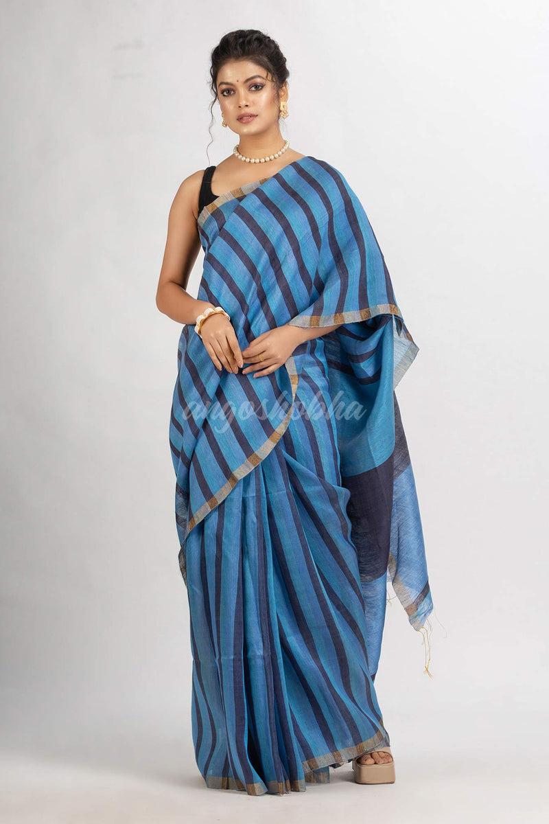 Sky blue And Black Silk Linen  Ckeak Handloom saree