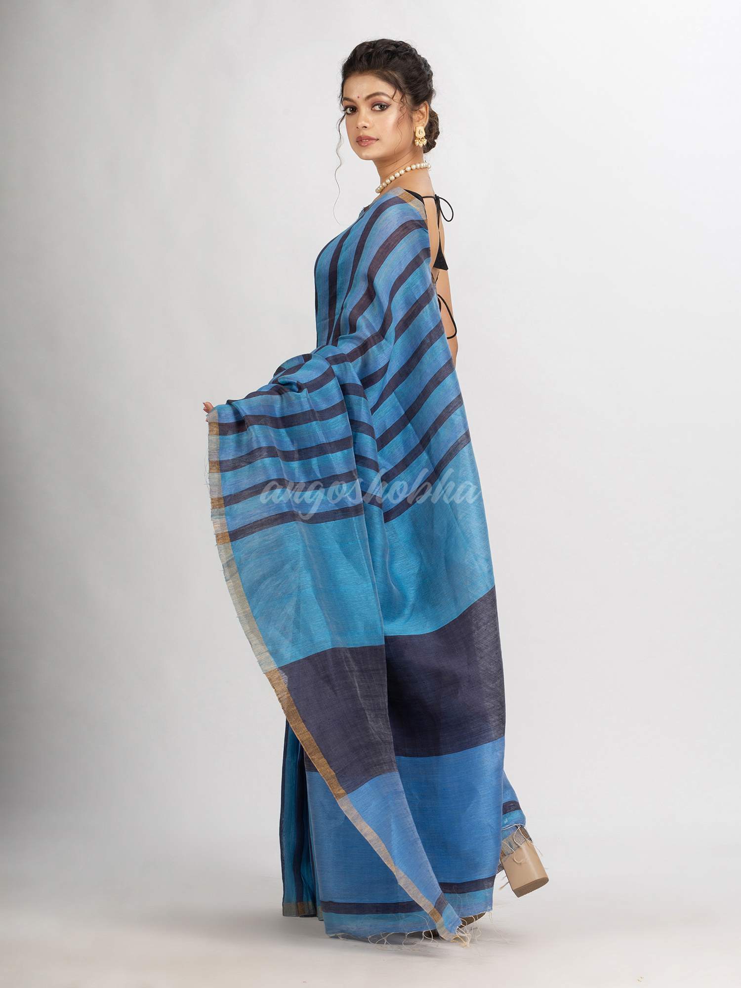 Sky blue And Black Silk Linen  Ckeak Handloom saree