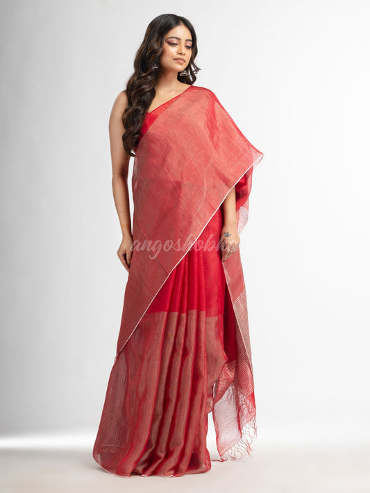 Red tissue linen multi color pallu handwoven saree