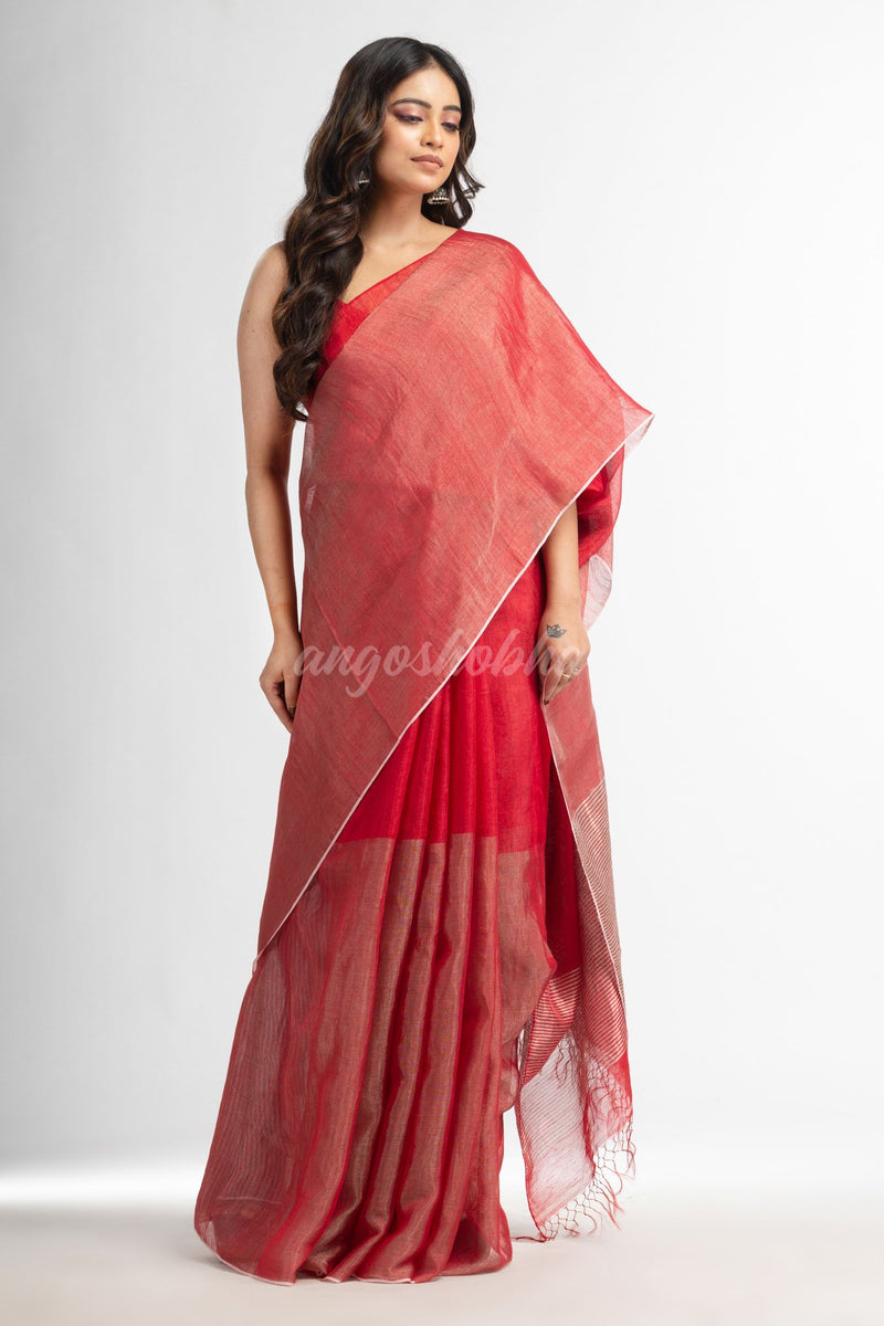 Red tissue linen multi color pallu handwoven saree