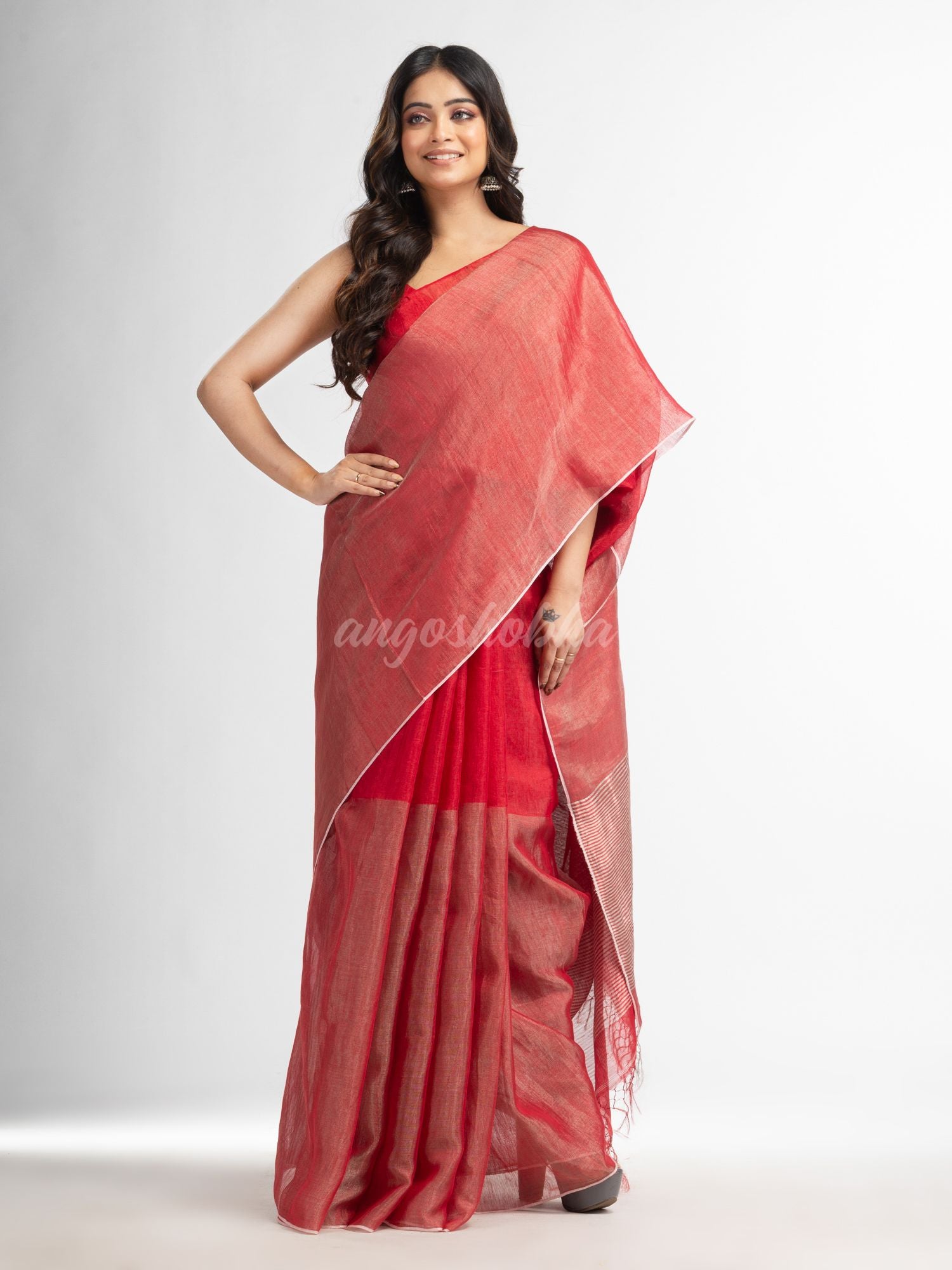 Red tissue linen multi color pallu handwoven saree