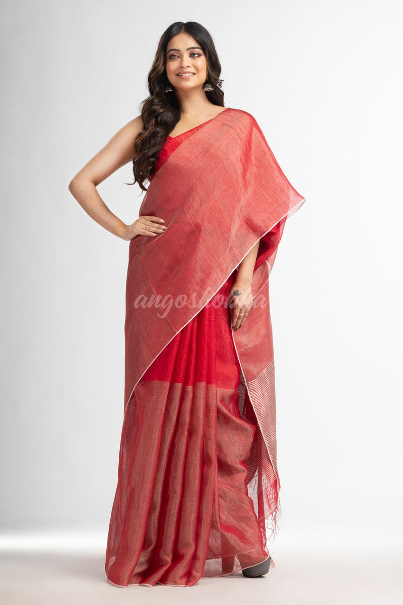 Red tissue linen multi color pallu handwoven saree