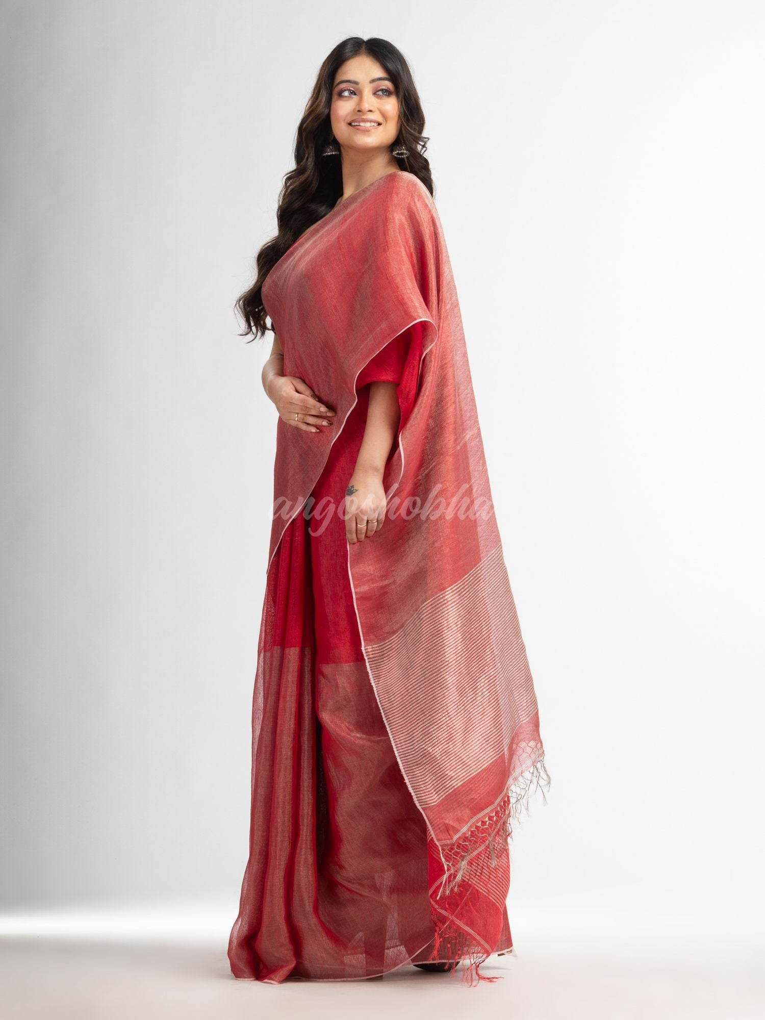 Red tissue linen multi color pallu handwoven saree