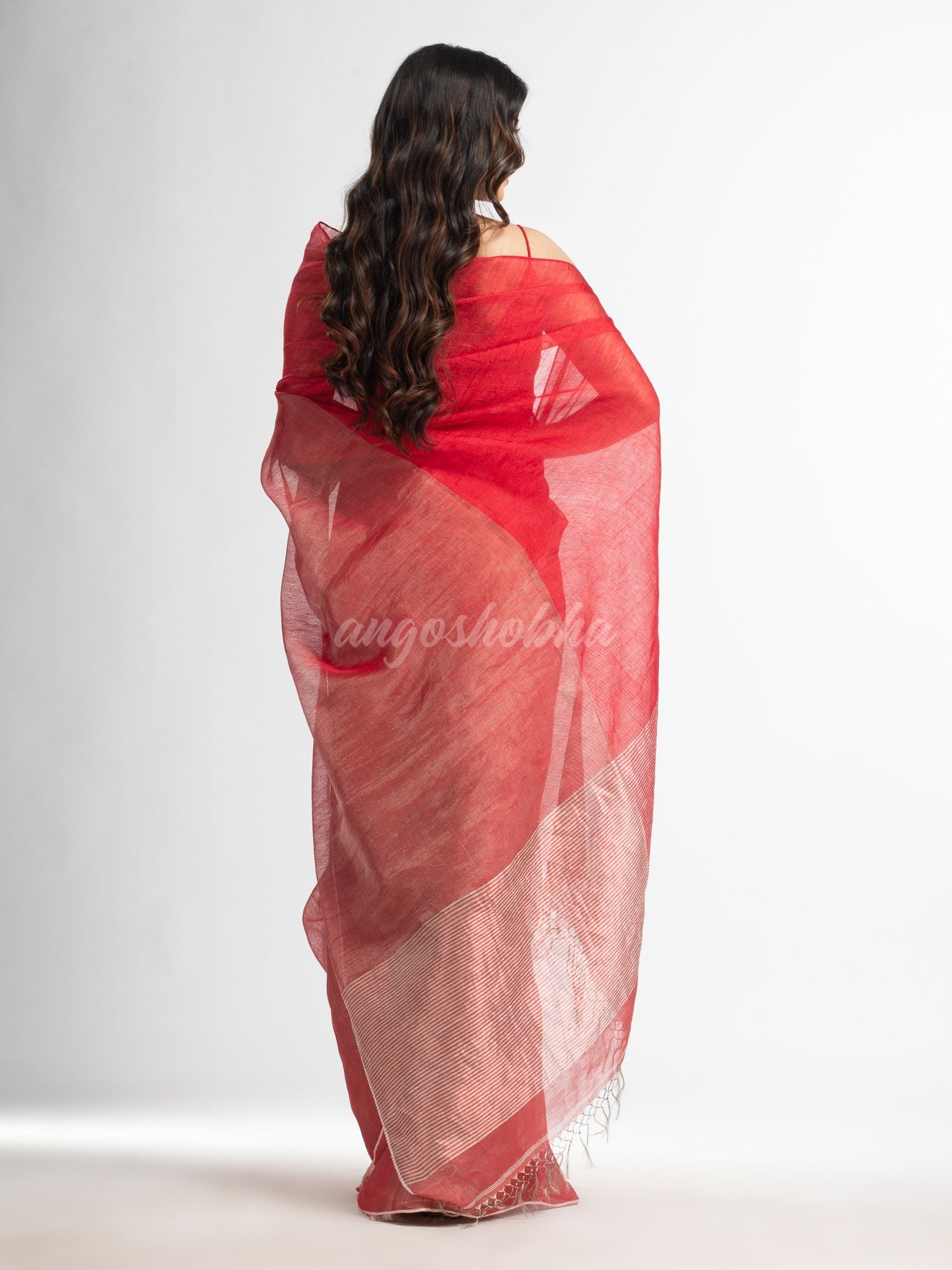 Red tissue linen multi color pallu handwoven saree