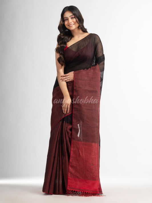 Black tissue linen multi colour pallu handwoven saree