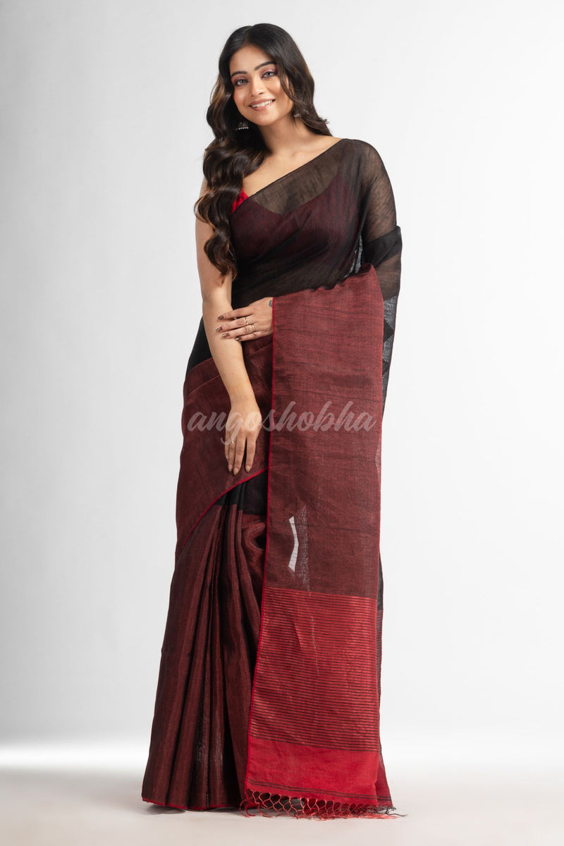 Black tissue linen multi colour pallu handwoven saree