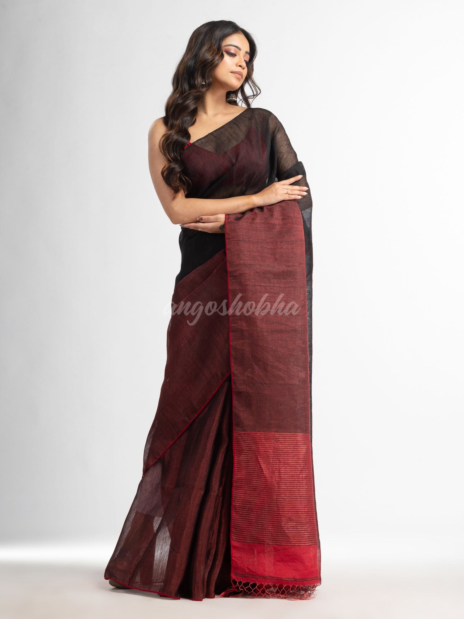 Black tissue linen multi colour pallu handwoven saree