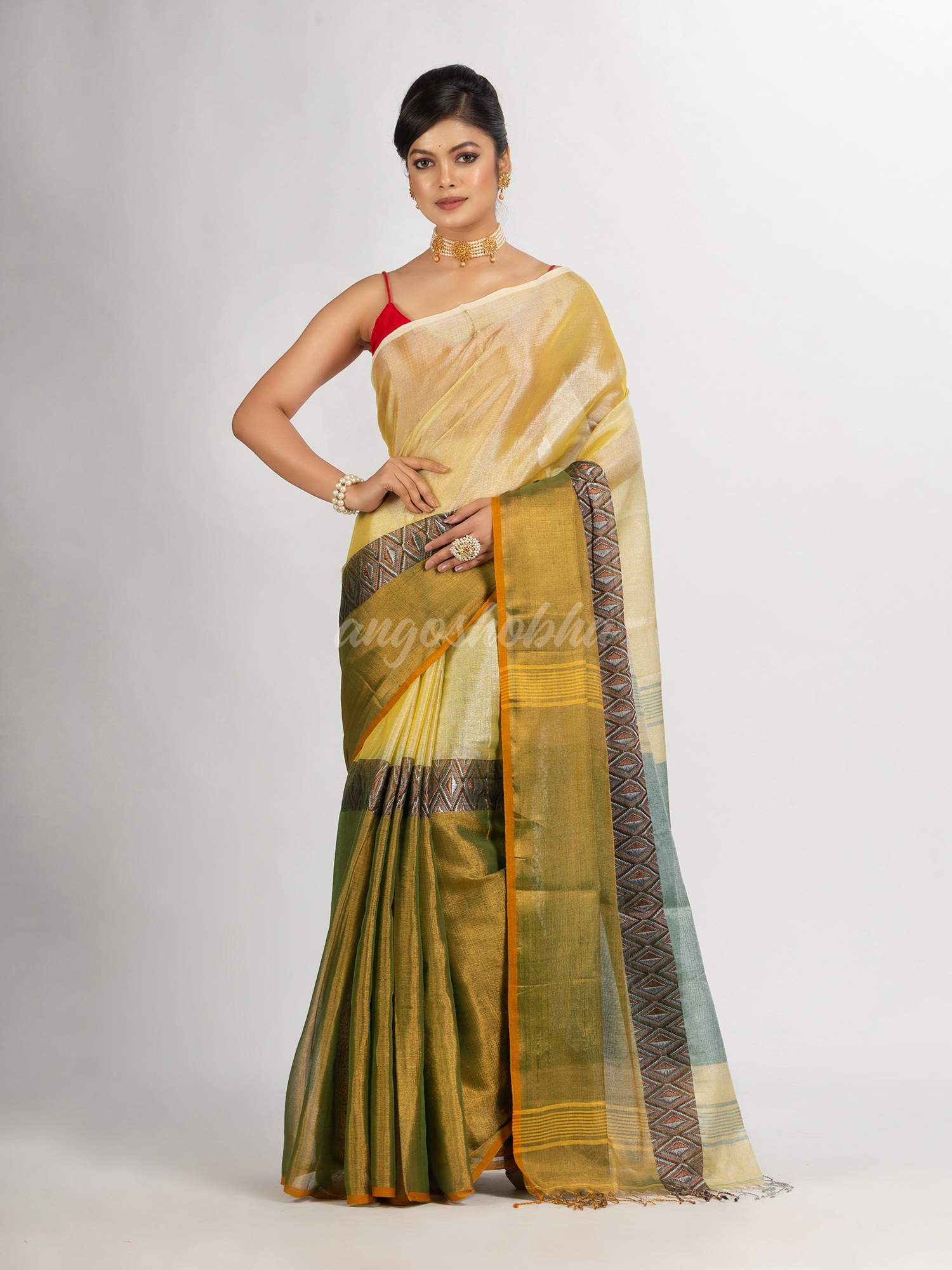Green And Off White Zari Cotton Tissue Madhumani Jacquard handloom Saree