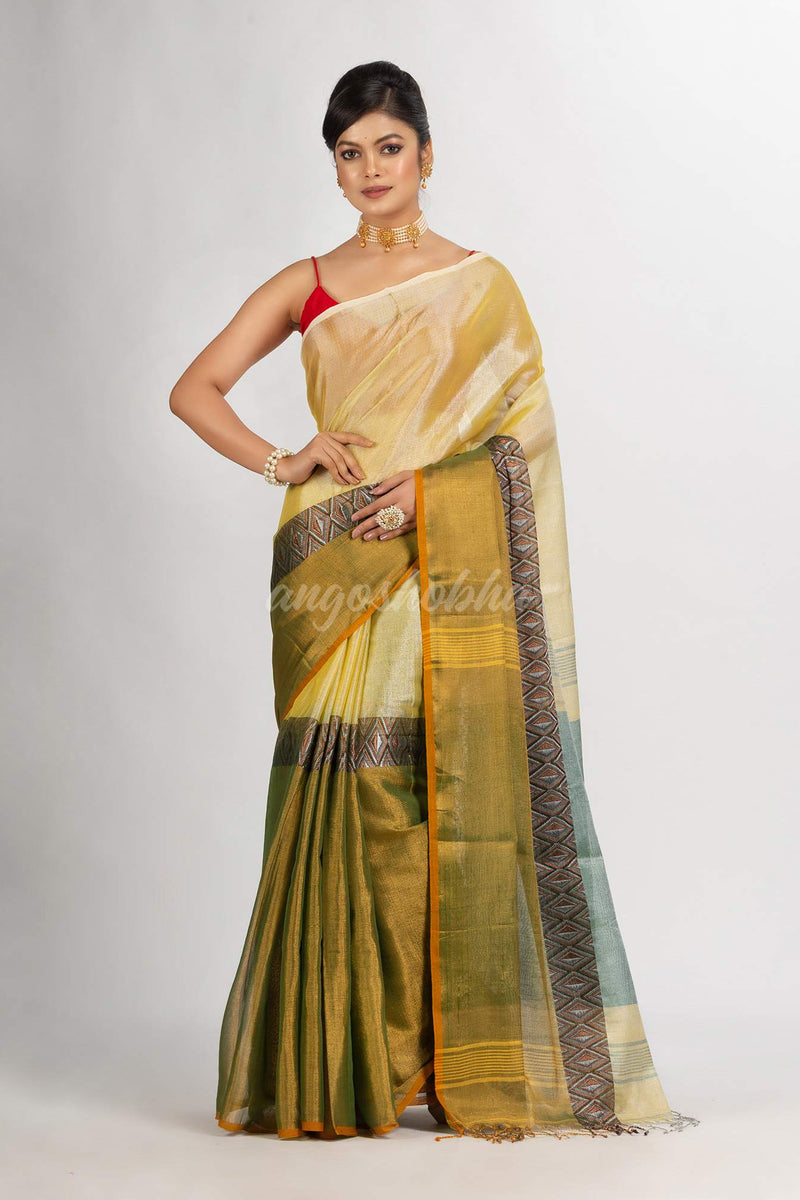 Green And Off White Zari Cotton Tissue Madhumani Jacquard handloom Saree