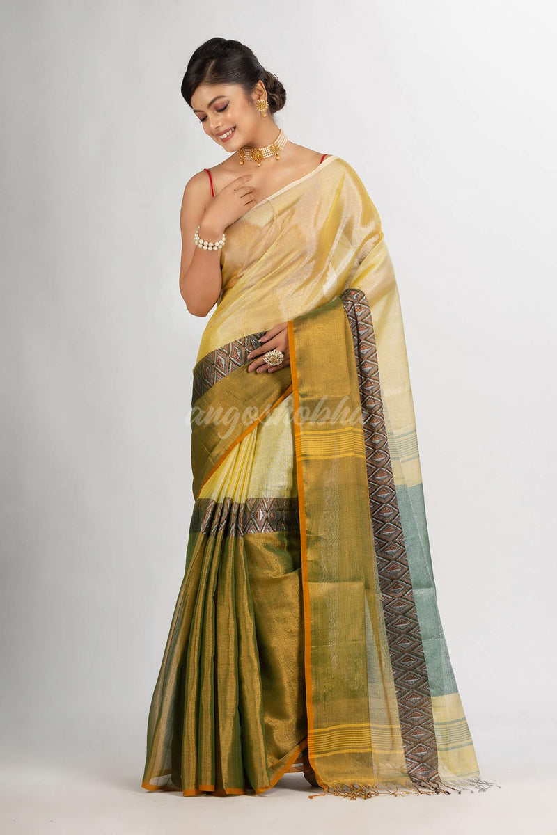Green And Off White Zari Cotton Tissue Madhumani Jacquard handloom Saree
