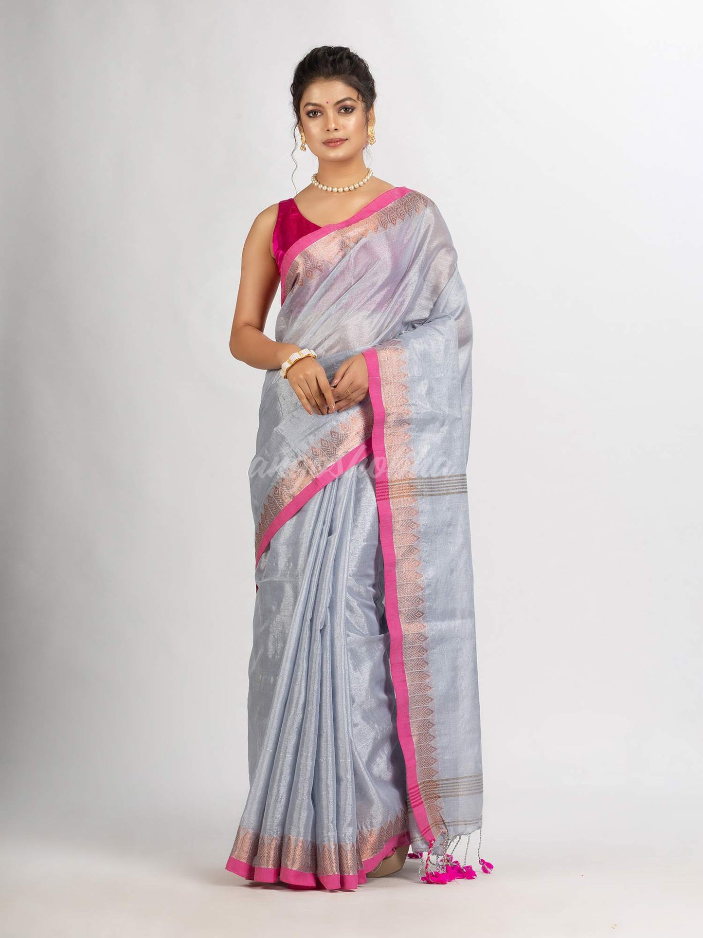 Silver Zari Cotton Tissue Jacquard Border handloom Saree