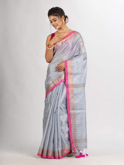 Silver Zari Cotton Tissue Jacquard Border handloom Saree