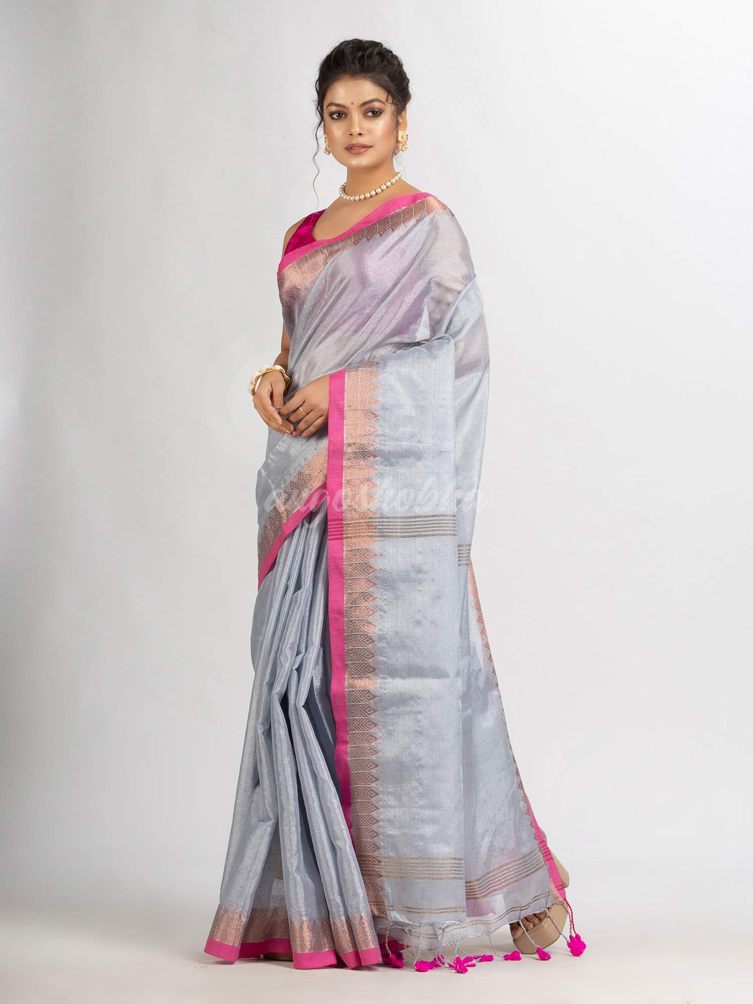 Silver Zari Cotton Tissue Jacquard Border handloom Saree