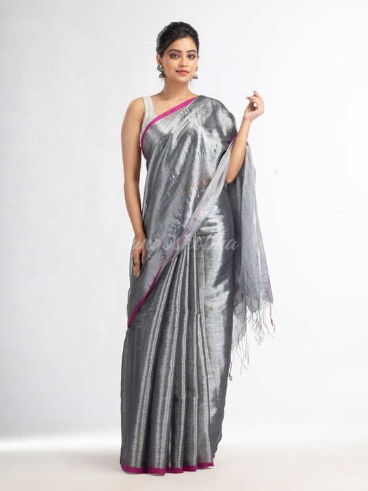 Grey tissue cotton solit half inch border saree