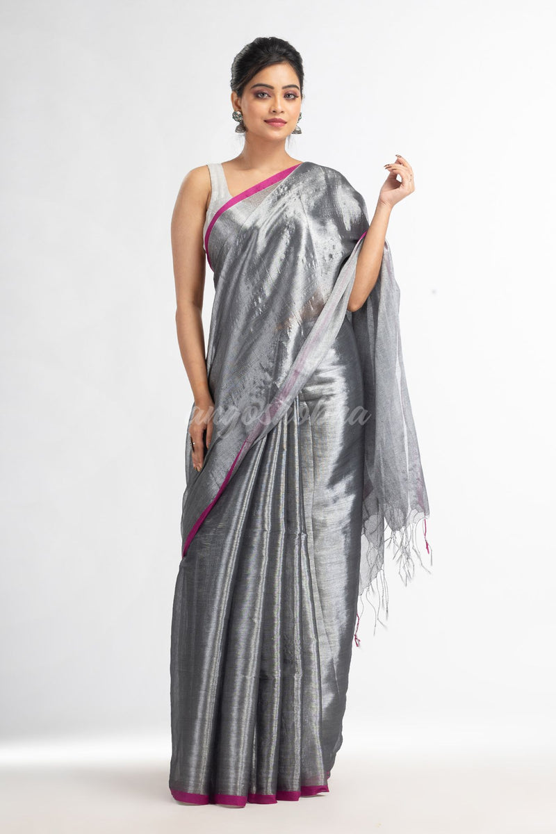 Grey tissue cotton solit half inch border saree
