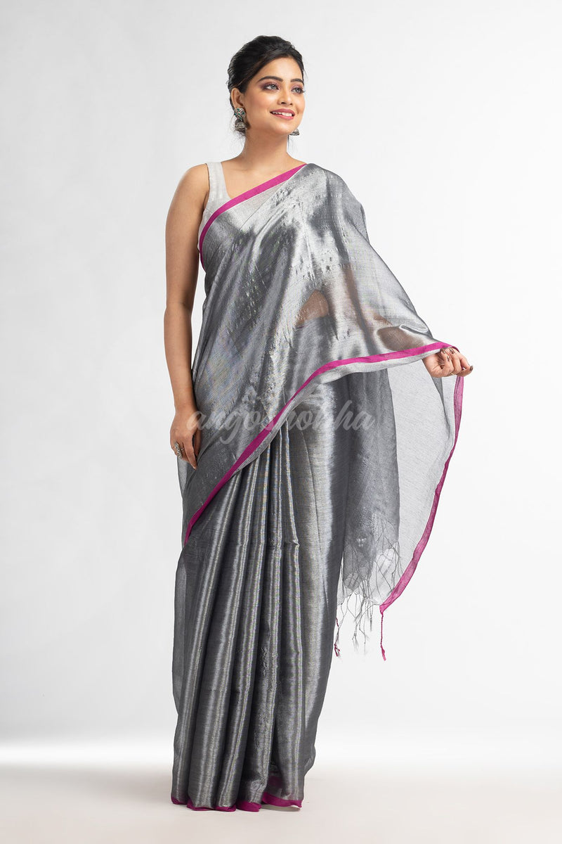 Grey tissue cotton solit half inch border saree
