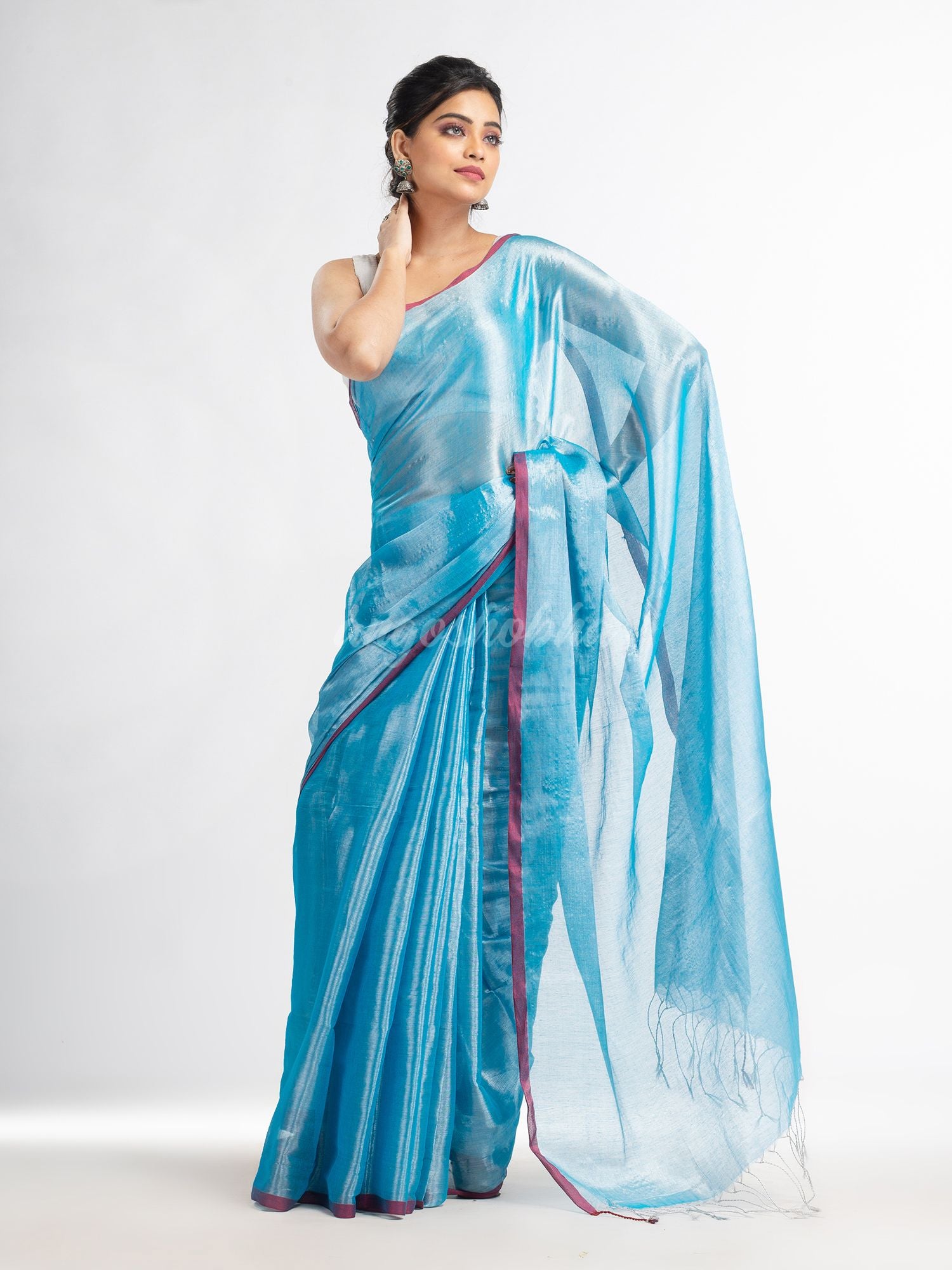 Sky blue tissue cotton solit half inch border saree