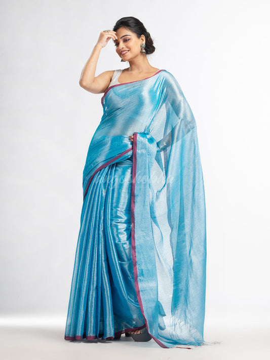 Sky blue tissue cotton solit half inch border saree