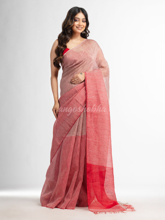 Red all body type check with red pallu handwoven tissue linen saree