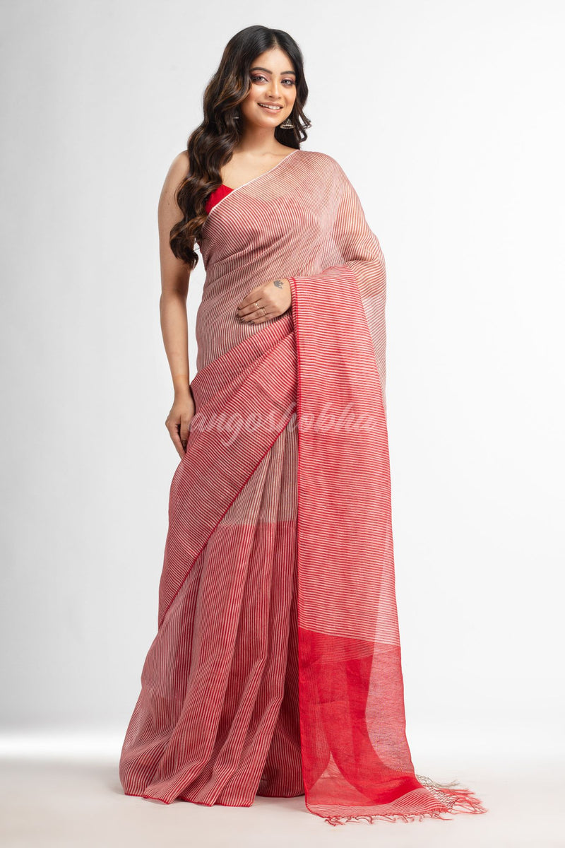 Red all body type check with red pallu handwoven tissue linen saree