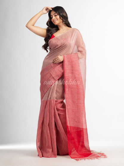 Red all body type check with red pallu handwoven tissue linen saree