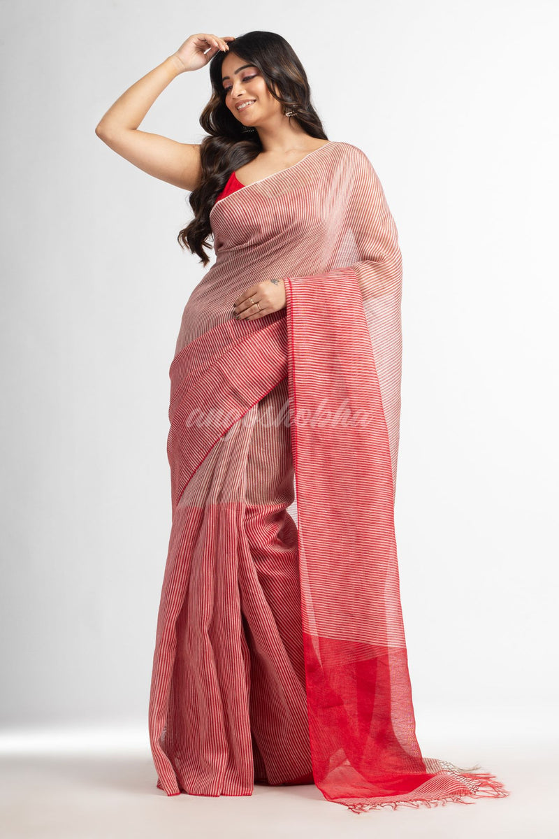Red all body type check with red pallu handwoven tissue linen saree