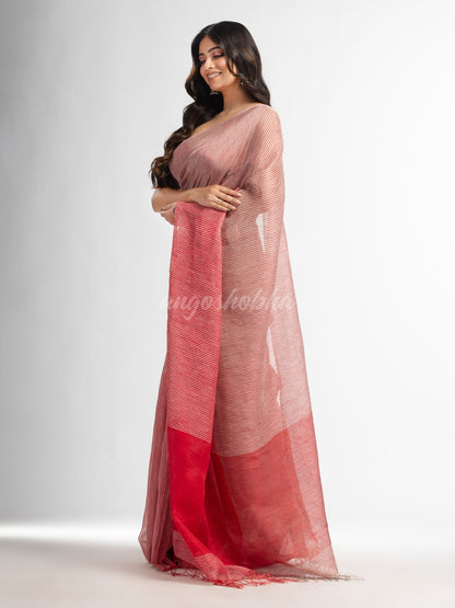 Red all body type check with red pallu handwoven tissue linen saree