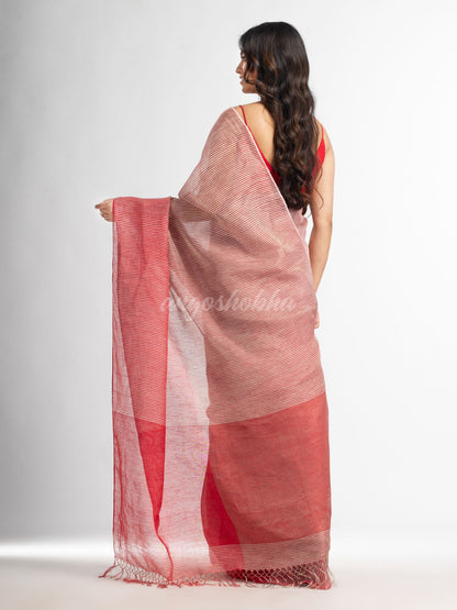 Red all body type check with red pallu handwoven tissue linen saree