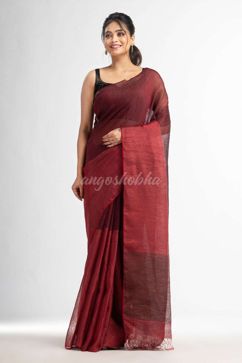 black all body type check with black pallu handwoven tissue linen saree