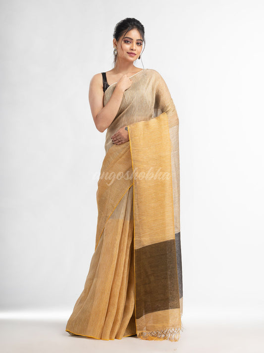 Cream all body type check with black pallu handwoven tissue linen saree