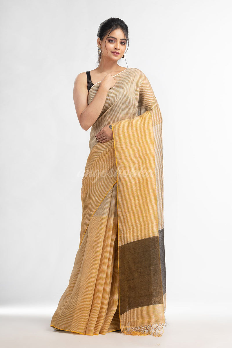 Cream all body type check with black pallu handwoven tissue linen saree