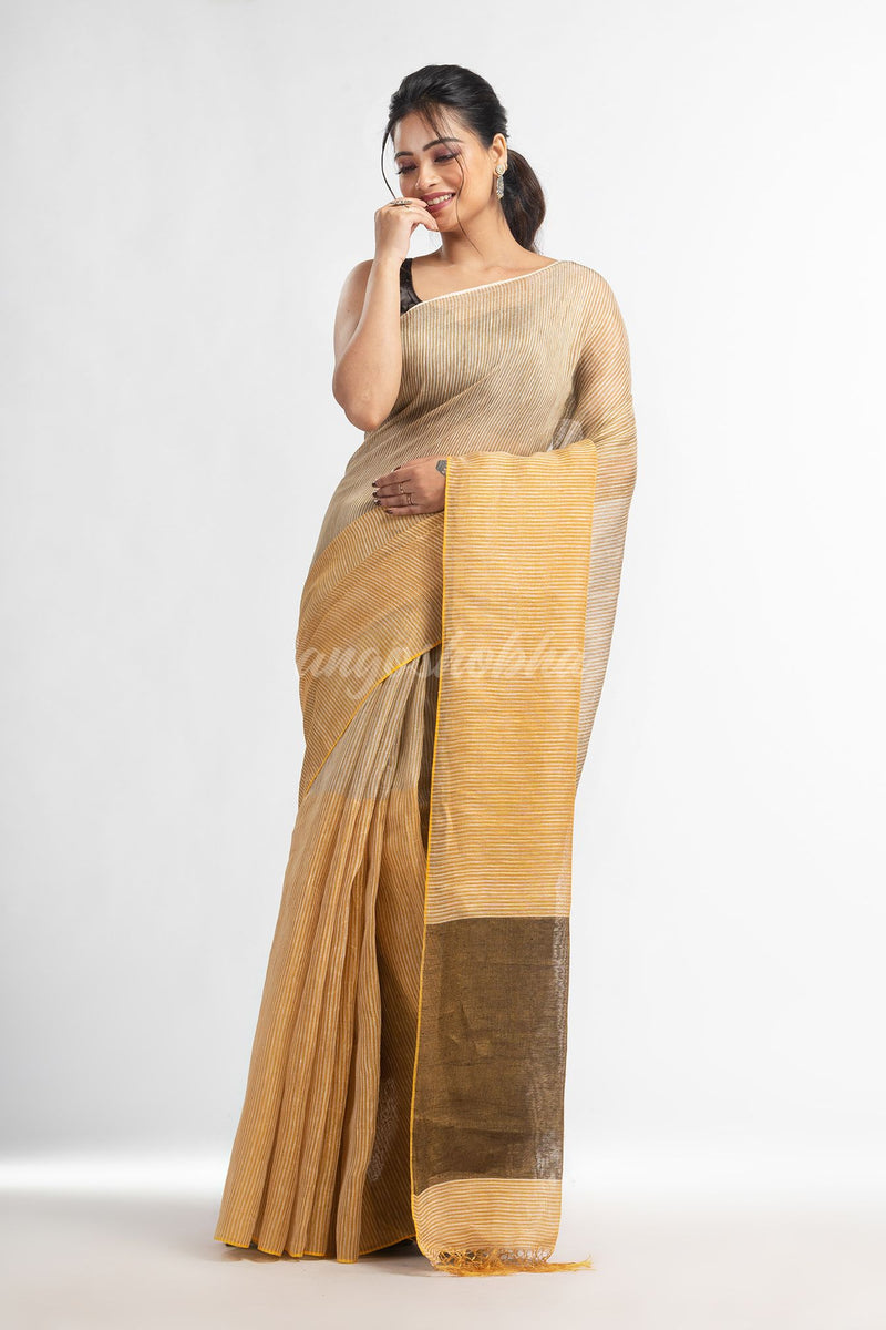 Cream all body type check with black pallu handwoven tissue linen saree