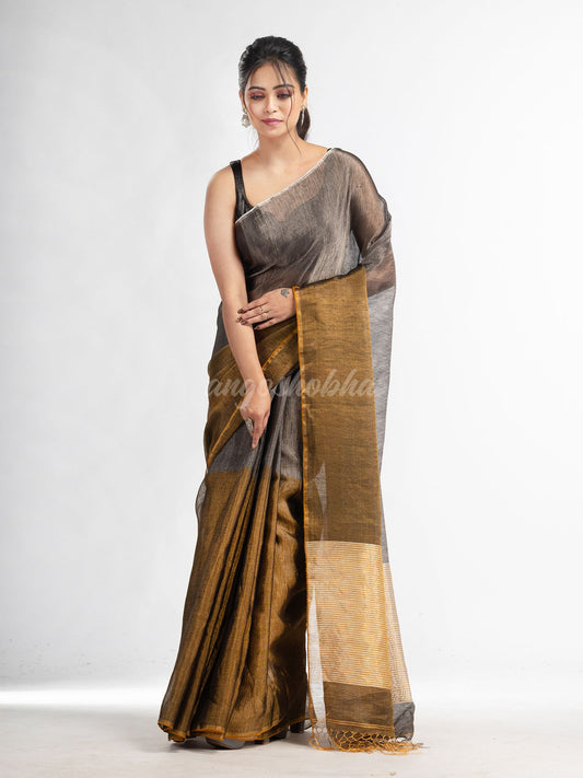 Grey tissue linen multi color pallu handwoven saree