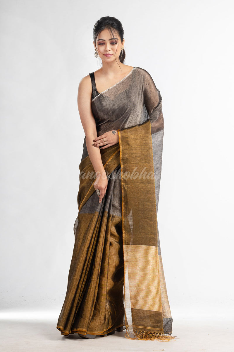 Grey tissue linen multi colour pallu handwoven saree