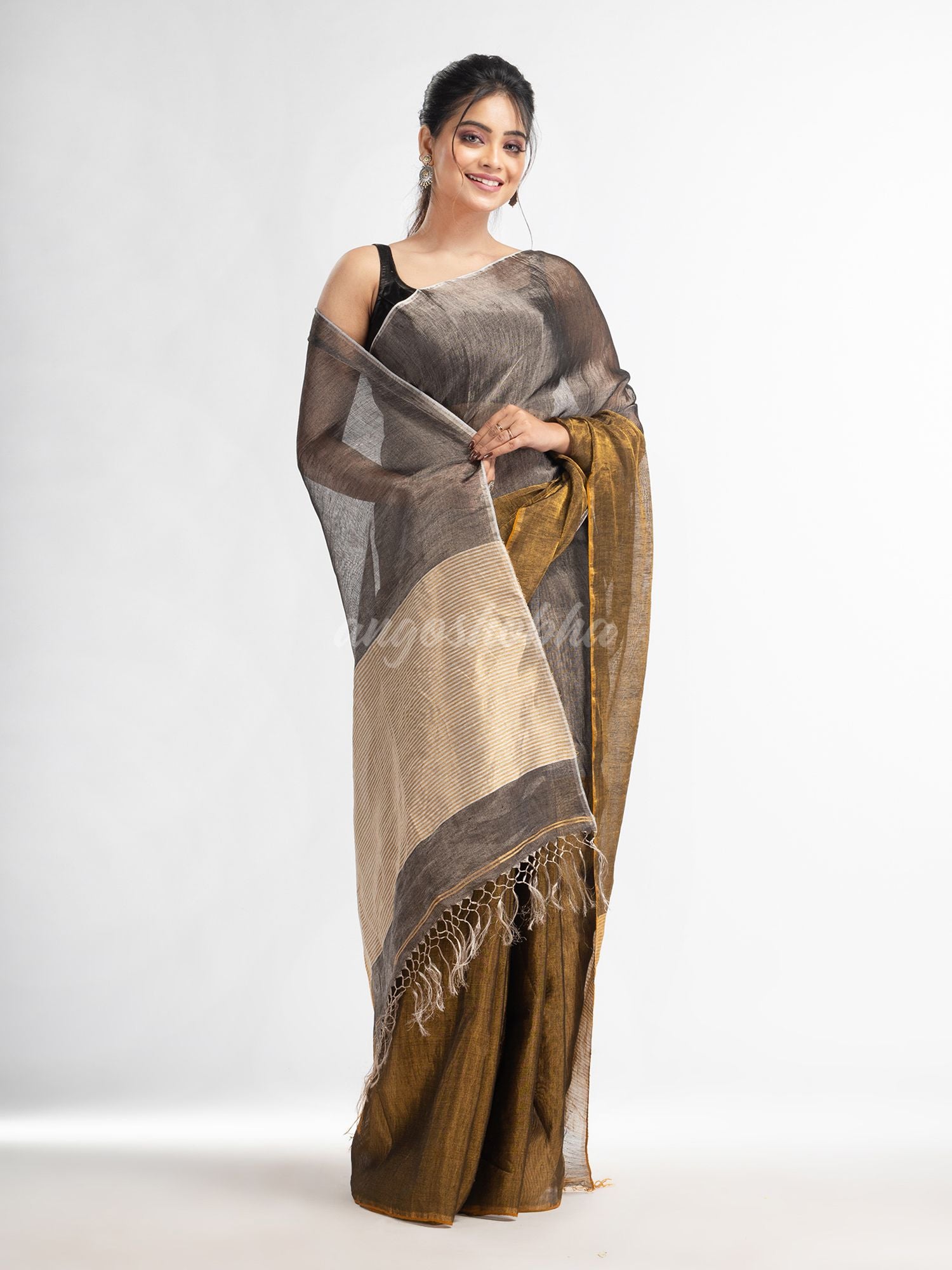 Grey tissue linen multi color pallu handwoven saree