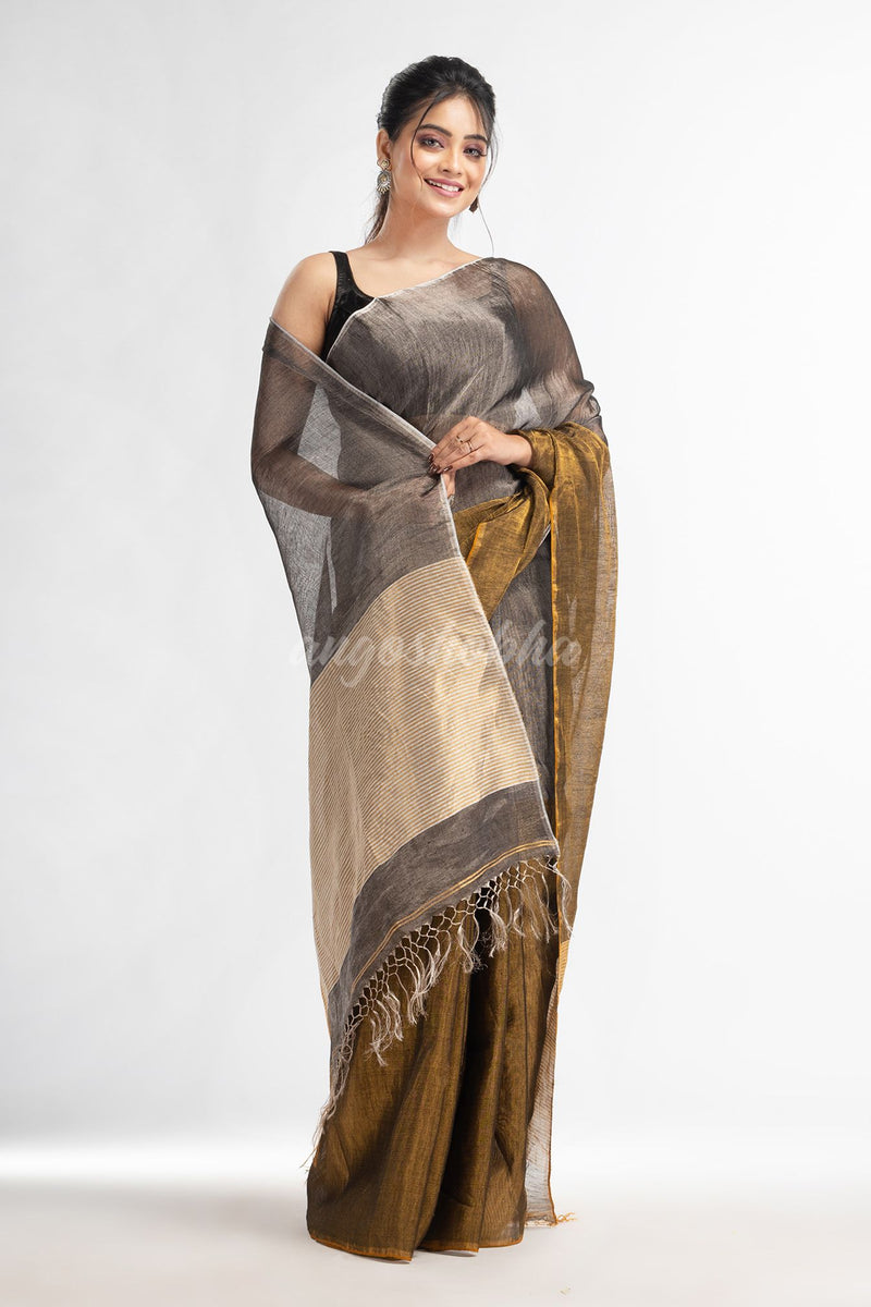 Grey tissue linen multi colour pallu handwoven saree
