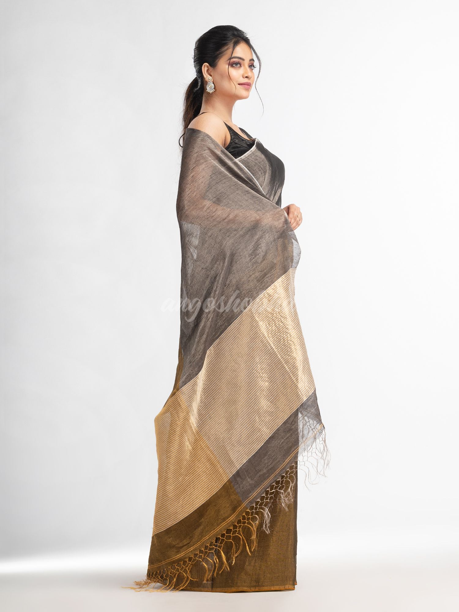 Grey tissue linen multi color pallu handwoven saree
