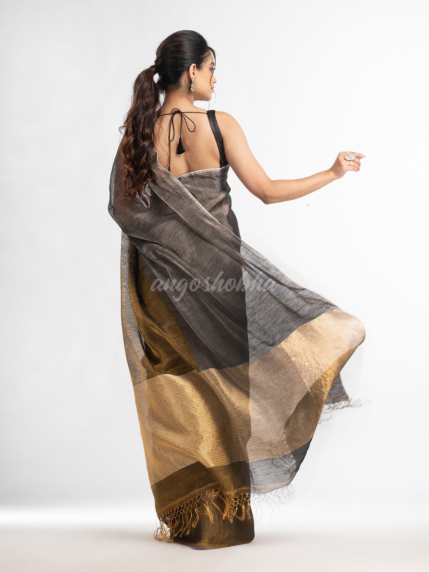 Grey tissue linen multi color pallu handwoven saree